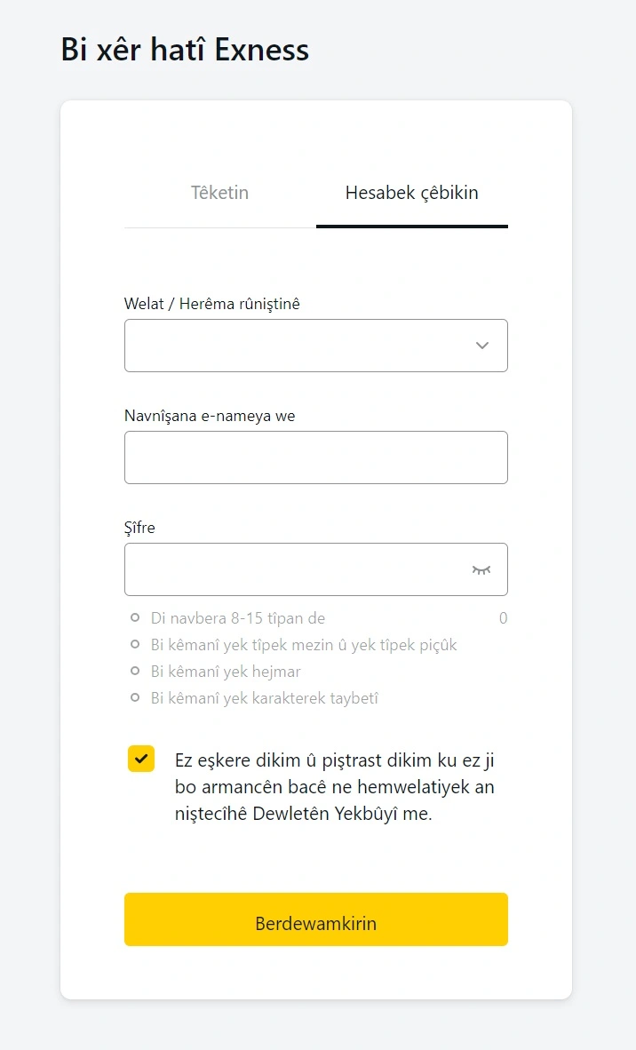 Exness Sign Up - Hesabek çêbikin.